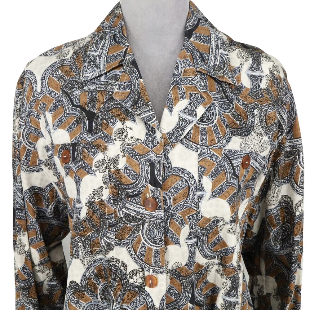 Laurel Escada Top Womens 6 Gray Brown Paisley Cotton Blouse Pockets Vintage - Picture 7 of 16